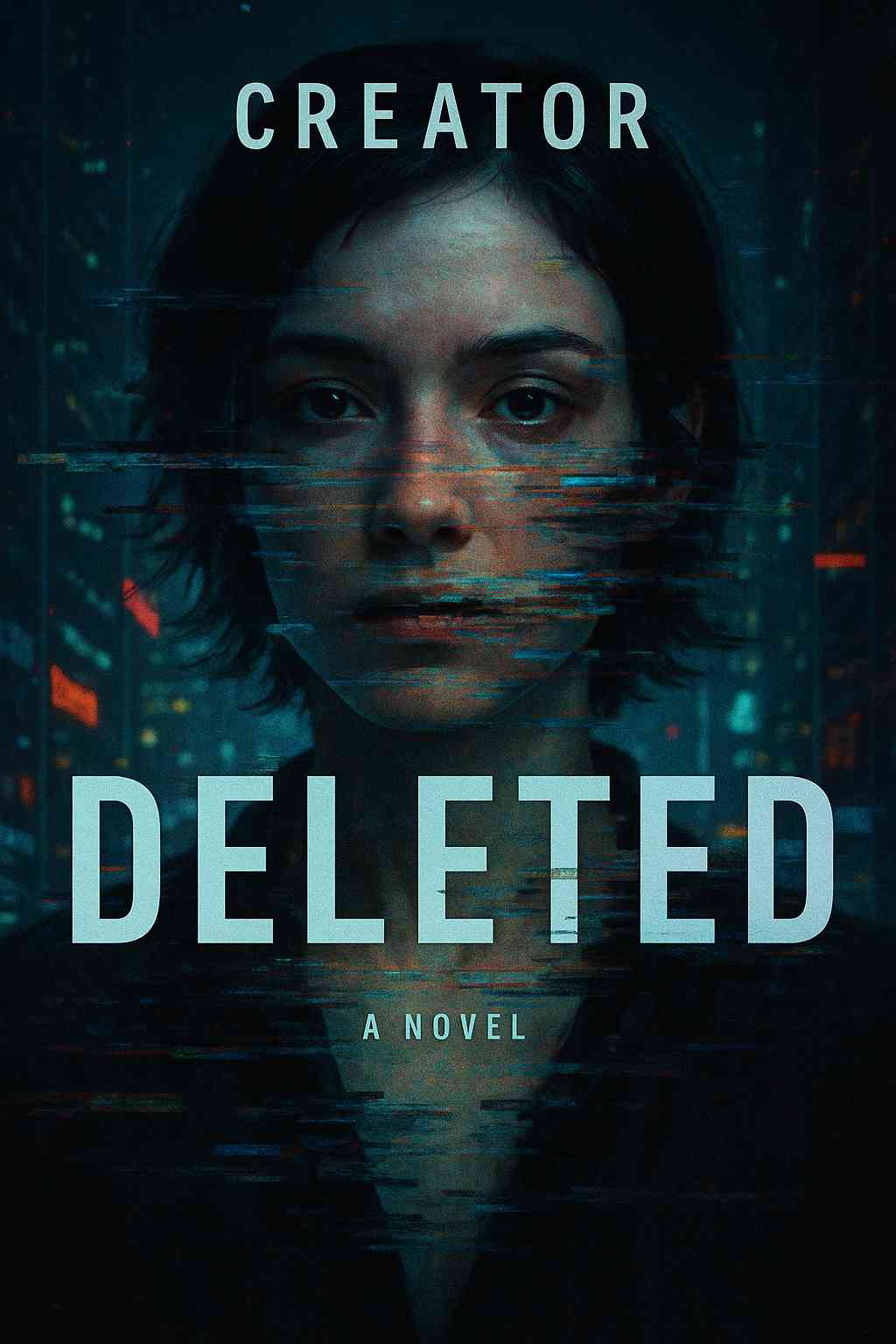 the cover of a fake book called Deleted by the author Creator. The cover of Deleted by Creator is dark and moody, with a strong sci-fi and dystopian aesthetic. The central focus is a young woman’s face, seen from the shoulders up. She has short, dark hair and a solemn, intense expression. Her gaze is direct, as if she’s looking right at you. Her features are soft but serious, and she appears to be in her 20s.  Across her face and body are glitch effects—horizontal lines that distort parts of the image, as if her presence is breaking apart digitally. These glitches are made of flickering, pixelated static in shades of blue, red, and green, suggesting that she is being erased or corrupted by a computer system.  Behind her, a futuristic cityscape fades into view. The background is filled with vertical lines of blurred neon lights, possibly skyscrapers or digital screens, glowing in cool tones of blue with touches of red and orange. The setting feels cyberpunk—urban, high-tech, and shadowy.  At the top of the cover, the author’s name—CREATOR—is printed in a tall, clean sans-serif font in pale gray. The title—DELETED—is large, bold, and centered at the bottom, in all caps. The text looks slightly worn or pixelated, echoing the glitch theme. Below the title, in smaller letters, are the words “A NOVEL.”