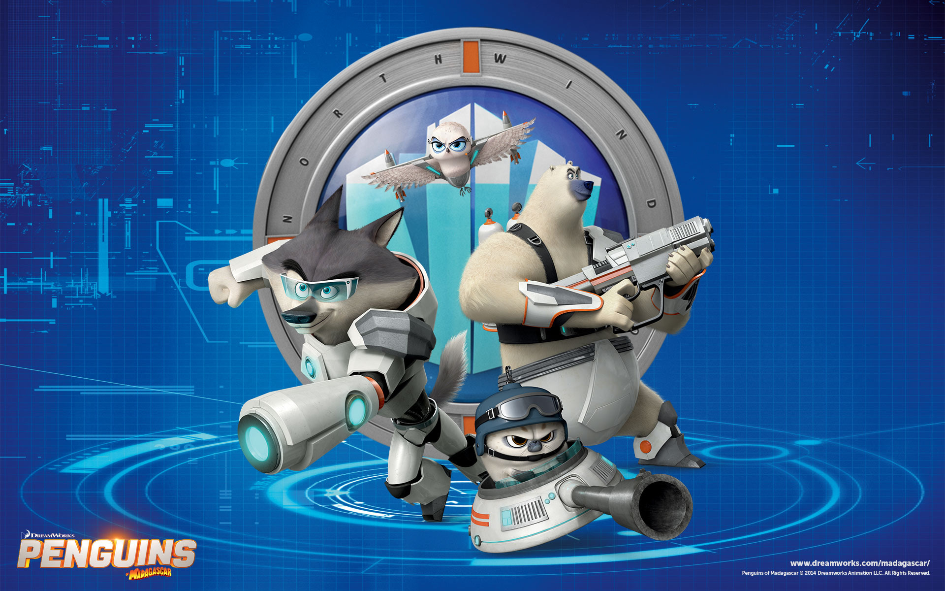 Promotional image from the movie “Penguins of Madigascar” with the characters who make up the north wind”