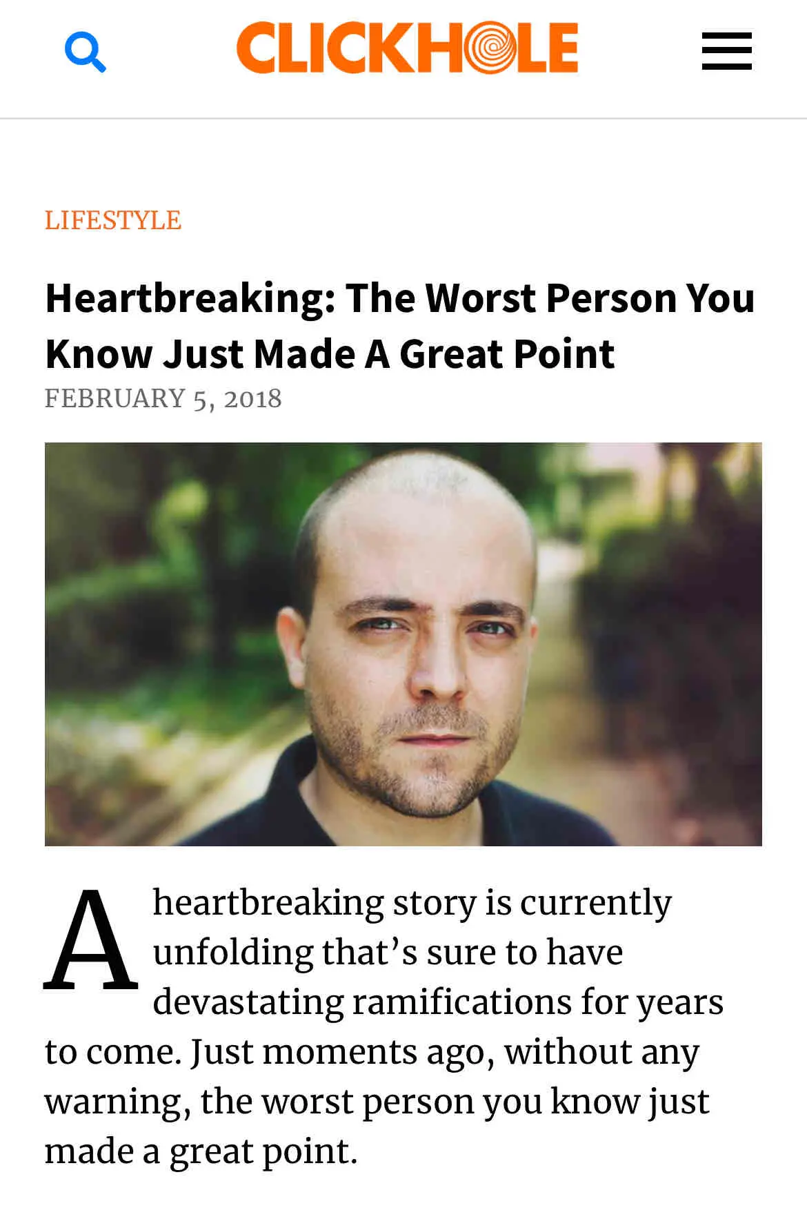 Screenshot from the Clickhole Article titled, "Heartbreaking: The Worst Person You Know Just Made a Great Point"