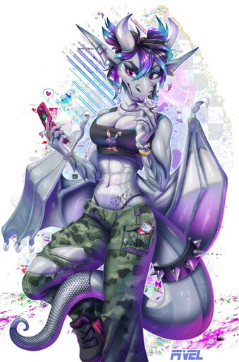 An Anthro dragon-girl with 2000s fashion and pop-culture references