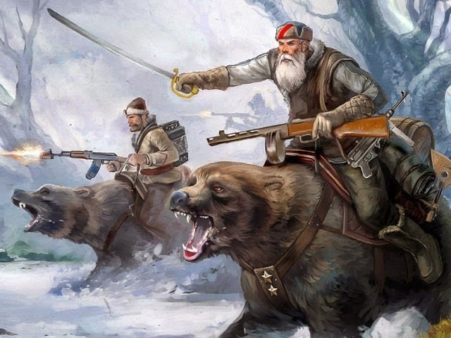bear calvary: two men riding bearsone with a sword, the other a rifle