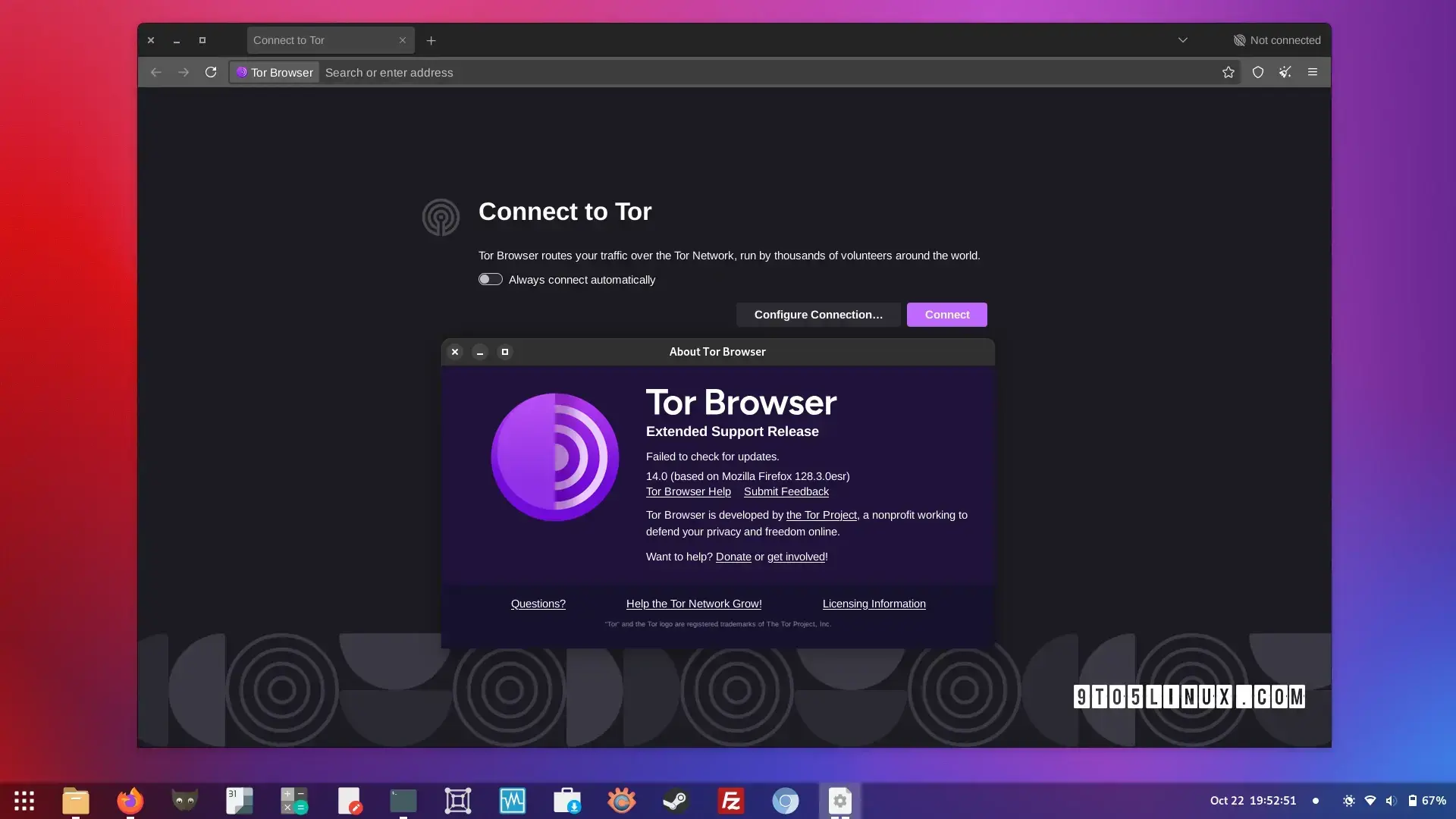 Screenshot of Tor Browser 14.0 showing the main window and the About Tor Browser dialog.