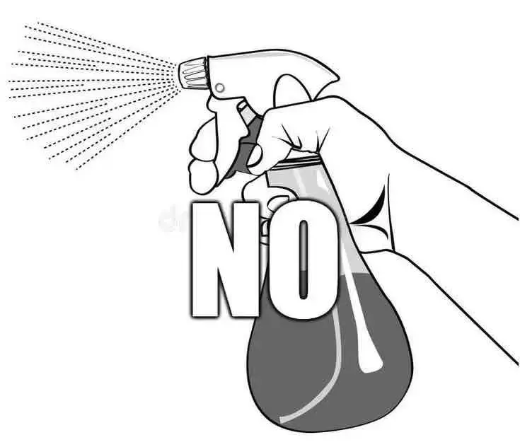 line art of a spray bottle with some liquid coming out with the caption &quot;No&quot;. This is reminiscent of the way one might discourage bad behavior in a small pet.