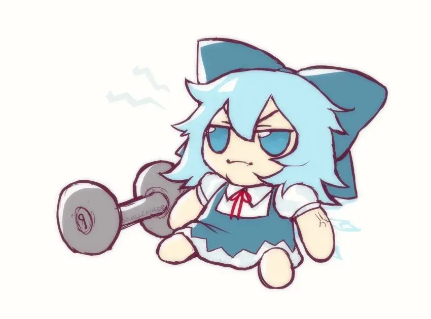 image of a Cirno Fumo with visibly large muscles, sitting next to a dumbbell, wish a stoic expression on her face