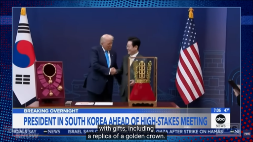 After the No Kings protests, South Korean President gave a golden crown as a present to Trump when he arrived