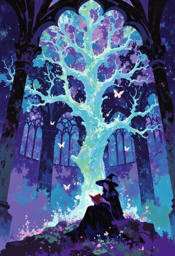 A nighttime scene featuring a glowing tree at the center of a mysterious, ruined environment with towering arched windows and weathered columns that frame the composition like a forgotten cathedral. The tree radiates an ethereal light in shades of blue, green, and white, illuminating its surroundings with a cool glow. Seated at the base of the tree is a solitary figure cloaked in dark robes and wearing a pointed hat, engrossed in reading an open book surrounded by pink flowers and luminescent butterflies.