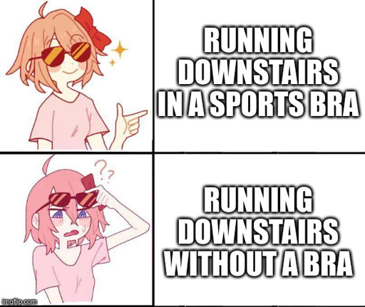 [Coolyori happy] Running downstairs in a sports bra / [Coolyori perplexed] Running downstairs without a bra